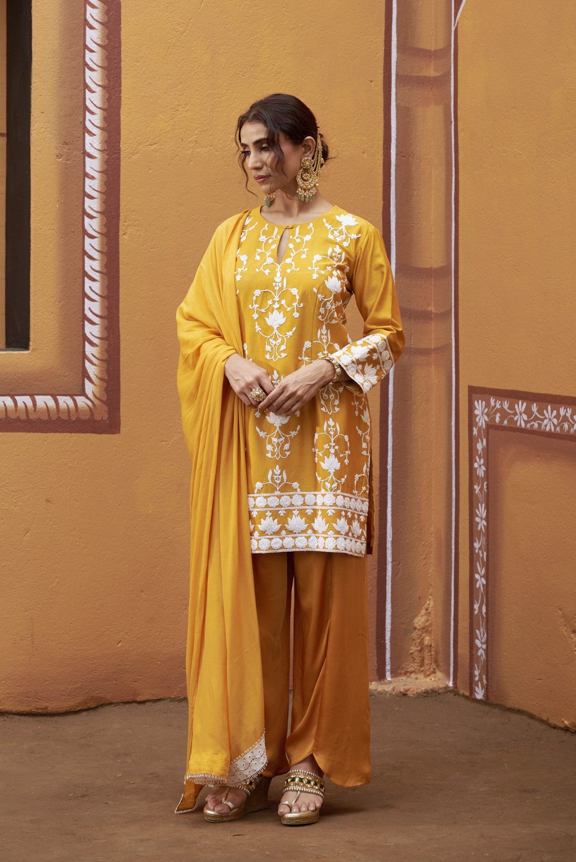 Lotus motif thread work golden yellow kurta set image 6