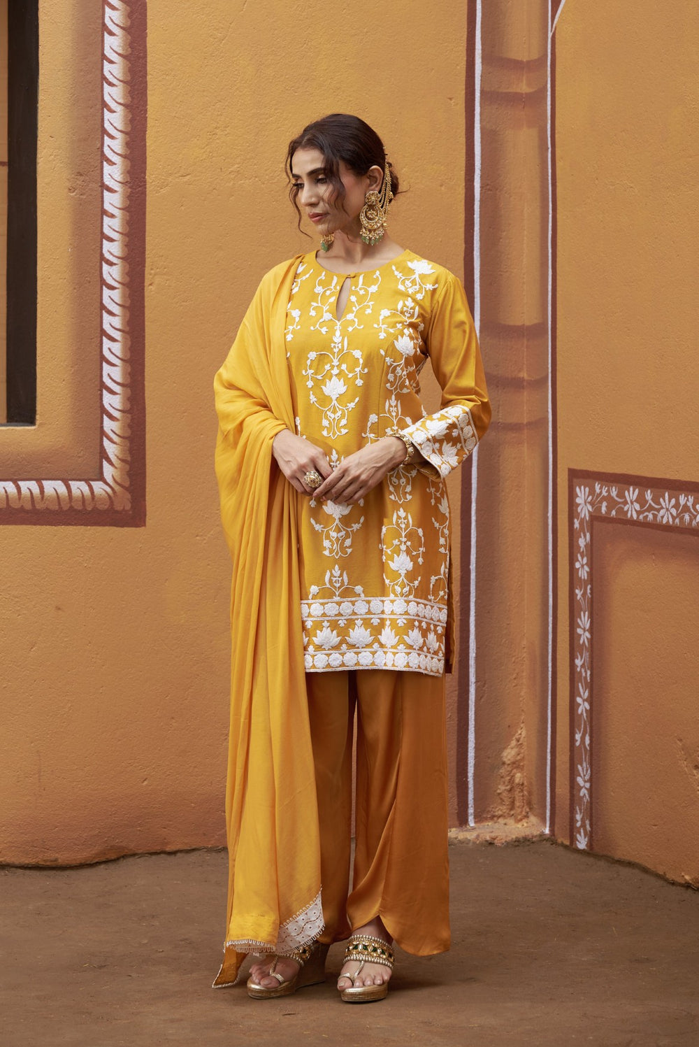 Lotus motif thread work golden yellow kurta set image 6