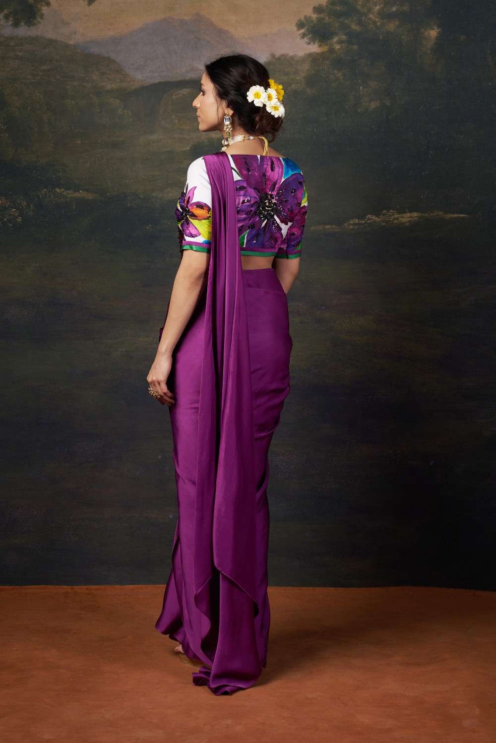 Hand-Embroidered Pre-Draped Saree with Abstract Floral Print image 5