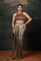 Backless Halter Neck Hand-Embroidered Blouse with Draped Dhoti image 1