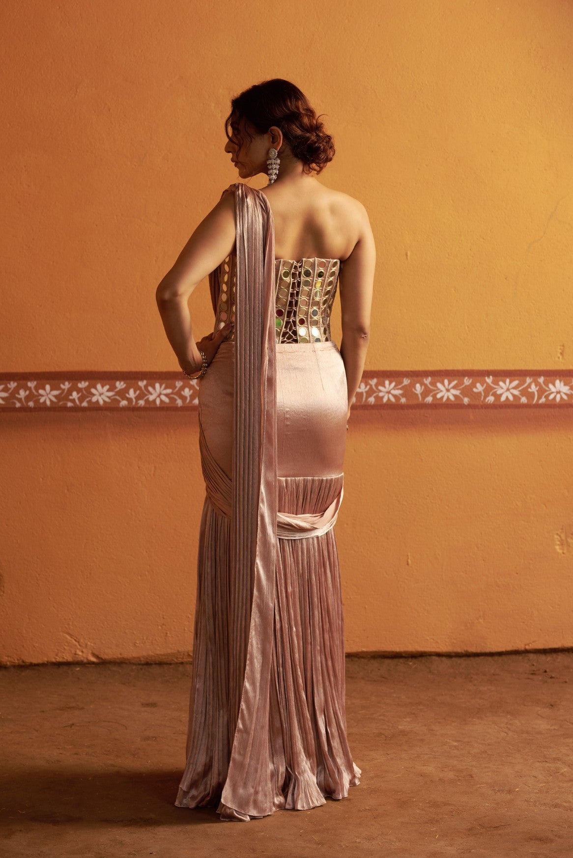 Hand embroidered corset with pleated pre draped saree image 3