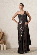 Siyahi Pre-Draped Saree with Hand-Embroidered Corset Blouse | Gunmetal & Black | Imported Net | Women | THETAA
