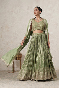 Hina Crushed Lehenga Set with Hand-Embroidered Blouse & Dupatta | Green | Polyester | Women | THETAA