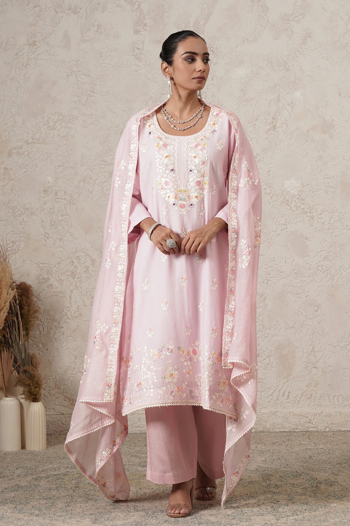 Gulabi Hand-Embroidered Kurta Palazzo Set with Dupatta | Light Pink | Chanderi & Satin | Women | THETAA