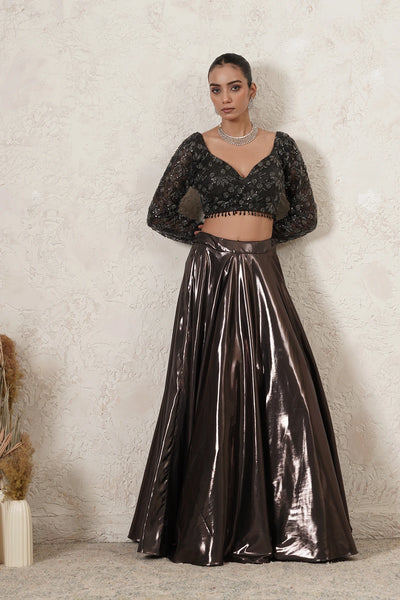 Saaya Metallic Lehenga Set with Hand-Embroidered Blouse &amp; Dupatta | Gunmetal | Polyester &amp; Net | Women | THETAA