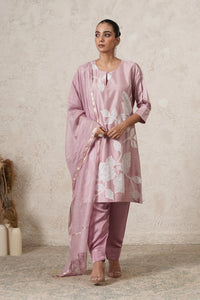 Mogra Floral Motif Kurta Set with Pants & Dupatta | Mauve Pink | Chanderi & Satin | Women | THETAA