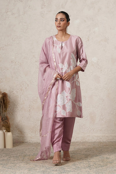 Mogra Floral Motif Kurta Set with Pants &amp; Dupatta | Mauve Pink | Chanderi &amp; Satin | Women | THETAA