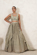 Pista Crushed Lehenga Set with Hand-Embroidered Blouse & Dupatta | Sage Green & Antique Gold | Polyester | Women | THETAA