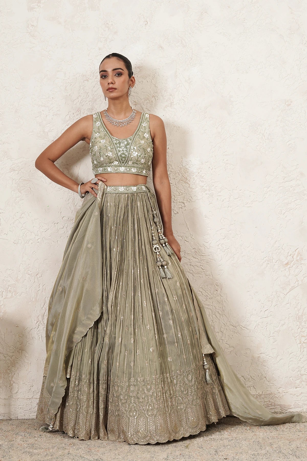 Pista Crushed Lehenga Set with Hand-Embroidered Blouse & Dupatta | Sage Green & Antique Gold | Polyester | Women | THETAA