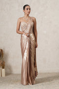 Sunehri Pre-Draped Saree with Hand-Embroidered Corset Blouse | Beige Gold | Imported Net | Women | THETAA