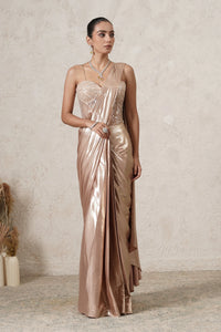 Sunehri Pre-Draped Saree with Hand-Embroidered Corset Blouse | Beige Gold | Imported Net | Women | THETAA