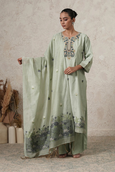 Dhaani Hand-Embroidered Kurta Set with Pants &amp; Dupatta | Sage Green | Chanderi &amp; Satin | Women | THETAA