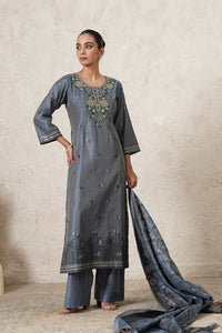 Parwaaz Hand-Embroidered Kurta Set with Pants & Dupatta | Slate Blue | Chanderi & Satin | Women | THETAA