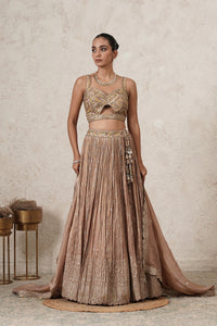Sharbati Crushed Lehenga Set with Hand-Embroidered Blouse & Dupatta | Champagne Rose | Polyester | Women | THETAA