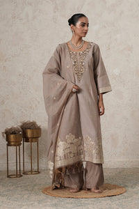 Thehraav Hand-Embroidered Kurta Palazzo Set with Dupatta | Beige | Chanderi & Satin | Women | THETAA