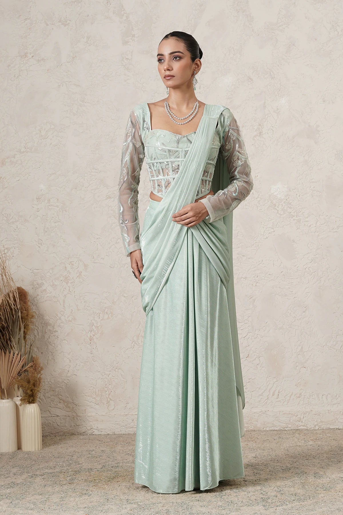 Jharokha Pre-Draped Saree with Hand-Embroidered Corset Blouse | Mint Green | Imported Net | Women | THETAA