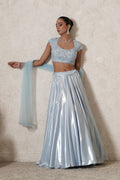 Dariya Metallic Lehenga Set with Hand-Embroidered Blouse & Dupatta | Sea Blue | Polyester & Net | Women | THETAA