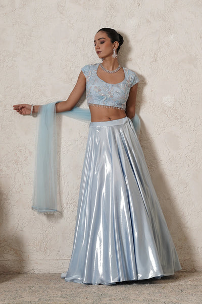 Dariya Metallic Lehenga Set with Hand-Embroidered Blouse &amp; Dupatta | Sea Blue | Polyester &amp; Net | Women | THETAA