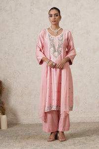Gulnaar Hand-Embroidered A-Line Kurta Palazzo Set with Dupatta | Dark Pink | Chanderi & Satin | Women | THETAA