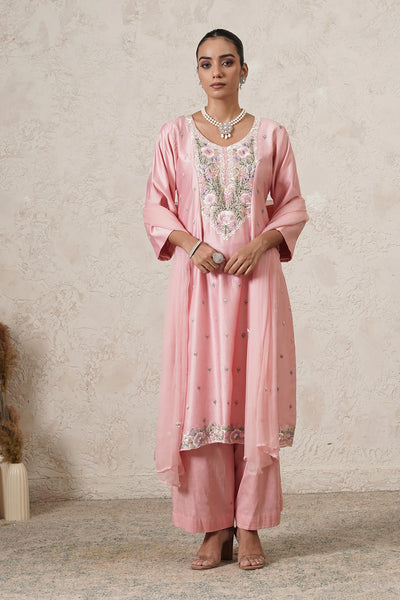 Gulnaar Hand-Embroidered A-Line Kurta Palazzo Set with Dupatta | Dark Pink | Chanderi &amp; Satin | Women | THETAA