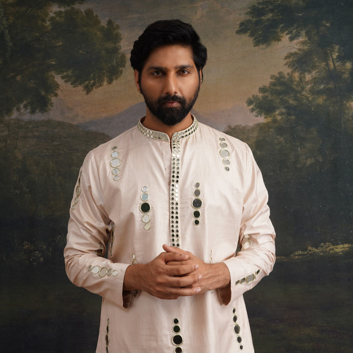 Beige hand embroidered Mirror Work Kurta with Matching Pant image 1