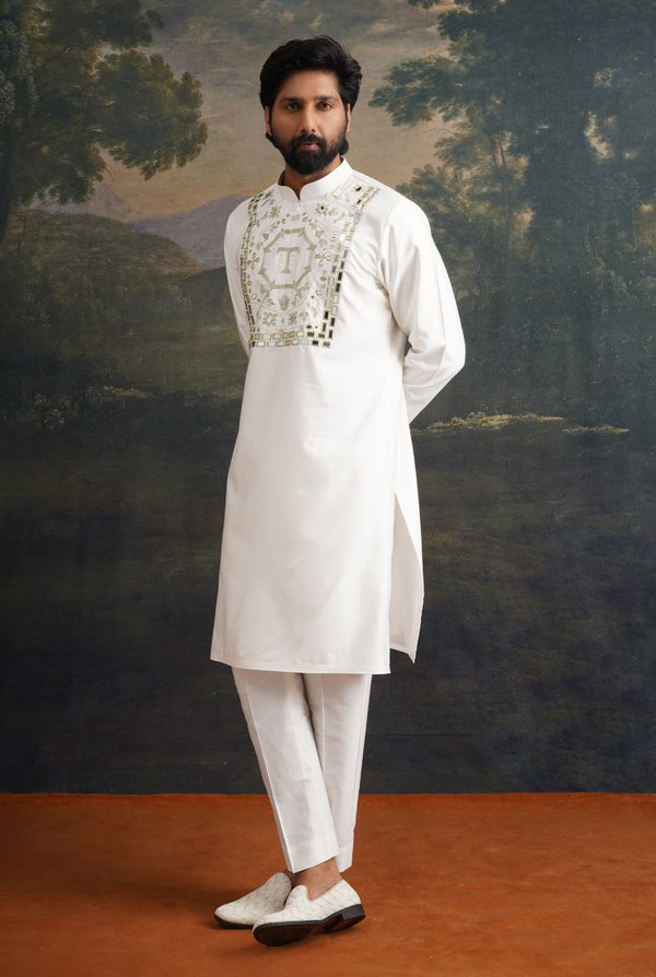 Ivory Hand-Embroidered Zari Work Logo Kurta with Matching Pant image 5