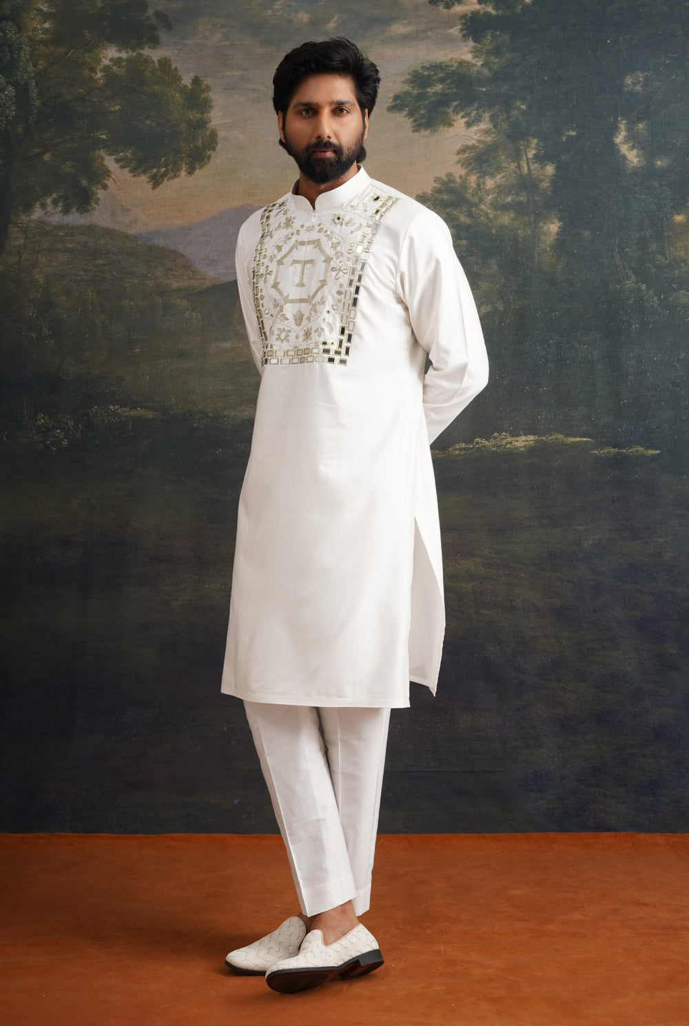 Ivory Hand-Embroidered Zari Work Logo Kurta with Matching Pant image 5