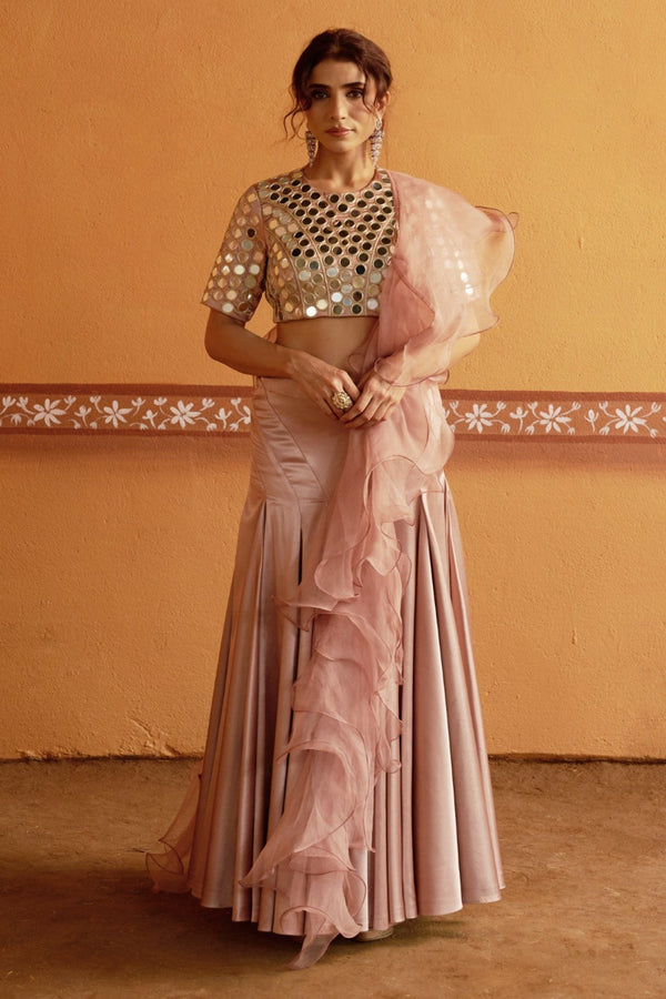 Hand-Embroidered Mirror Work Blouse with Blush Pink Kalidar Lehenga & Ruffle Dupatta image 0