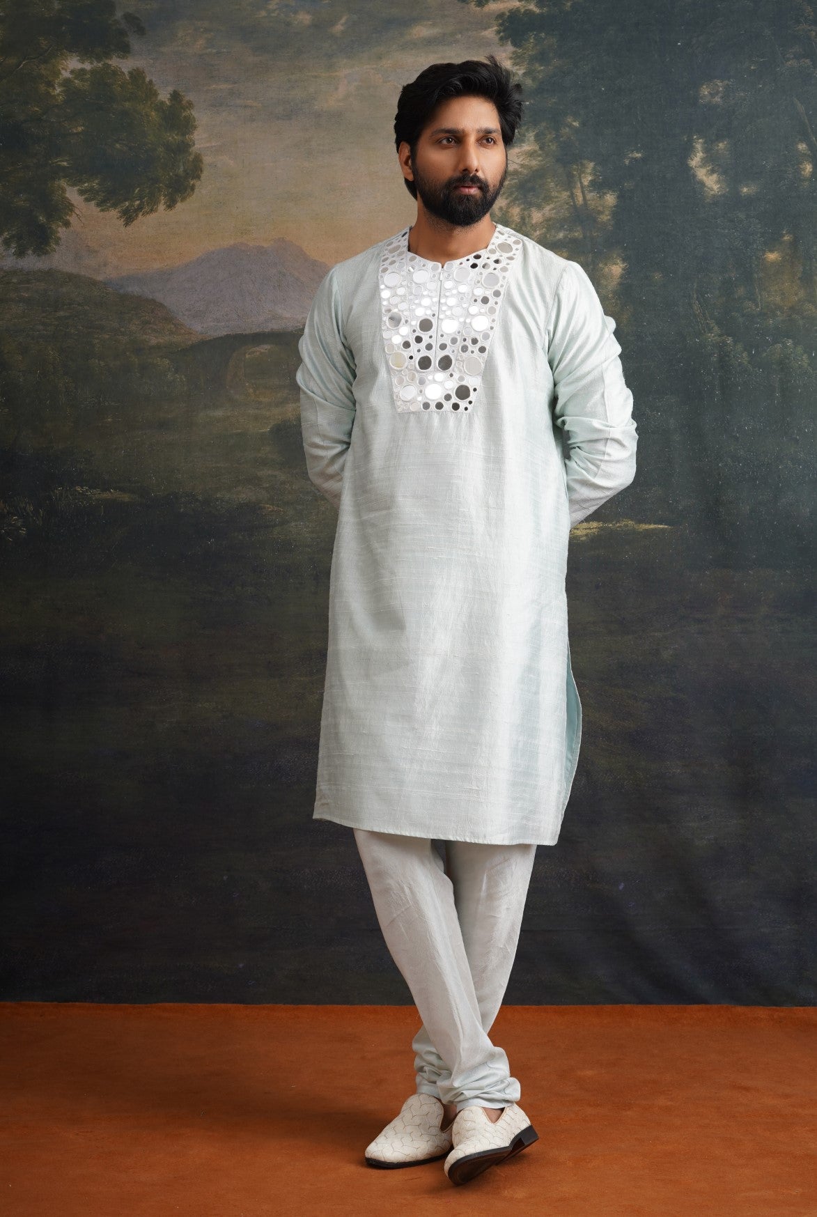 Hand embroidered Mint Green mirror work kurta pajama with Nehru jacket image 4