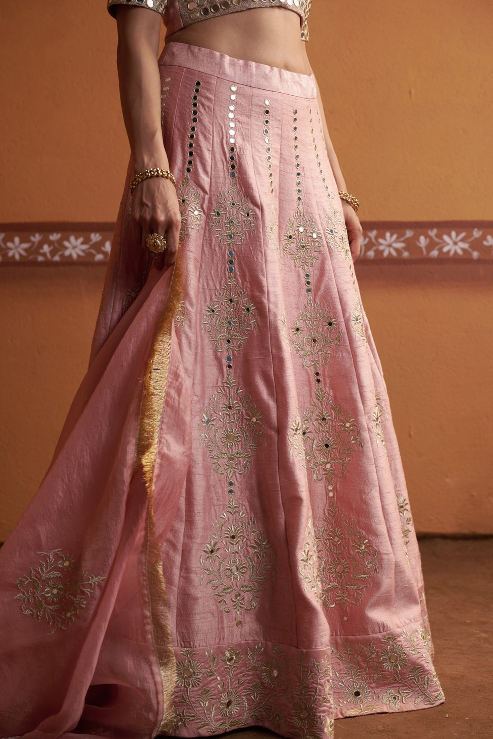Kalidar blush pink hand embroidered lehenga with blouse and dupatta image 4