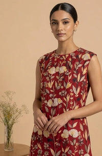 Liora - Red Hand-Embroidered Floral Chanderi Cotton Mini Dress