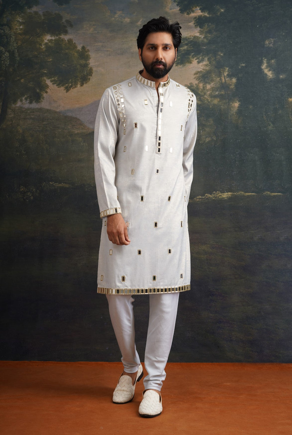 Frost grey gold fully hand embroidered mirror kurta set image 1