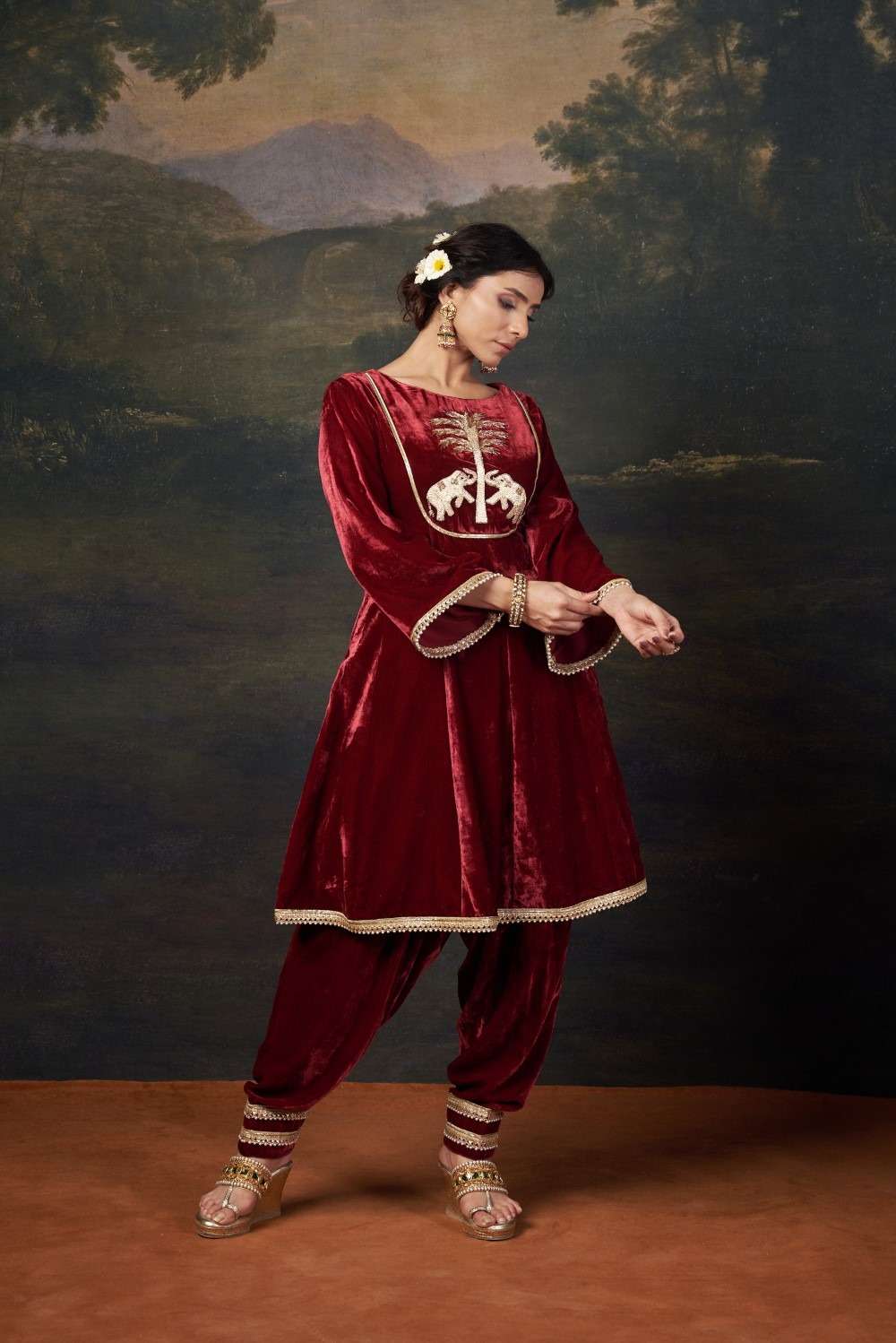 Hand-Embroidered Velvet Red Kalidar Anarkali Set image 2