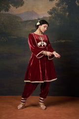 Hand-Embroidered Velvet Red Kalidar Anarkali Set image 2