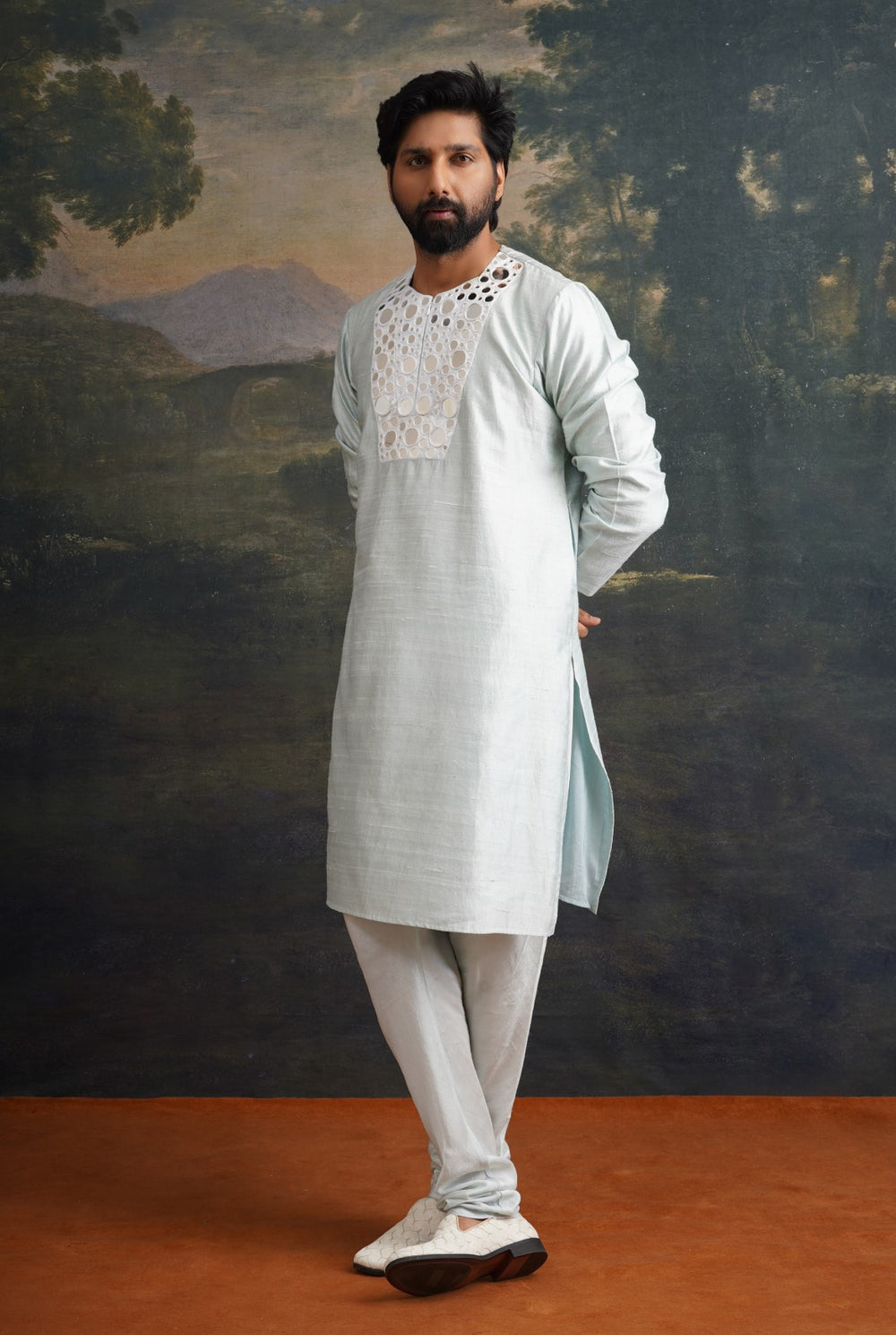 Hand embroidered Mint Green mirror work kurta pajama with Nehru jacket image 5