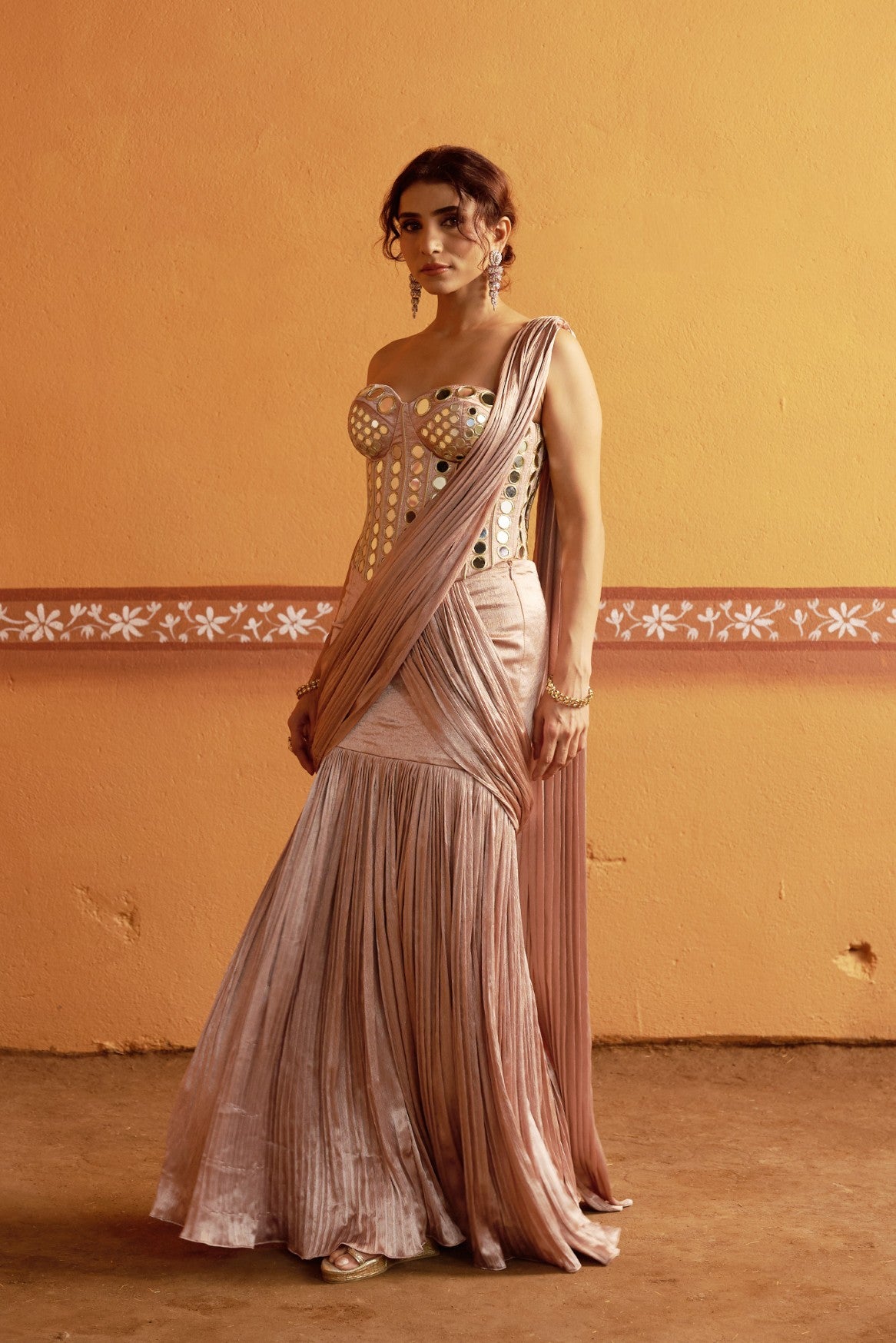 Hand embroidered corset with pleated pre draped saree image 6