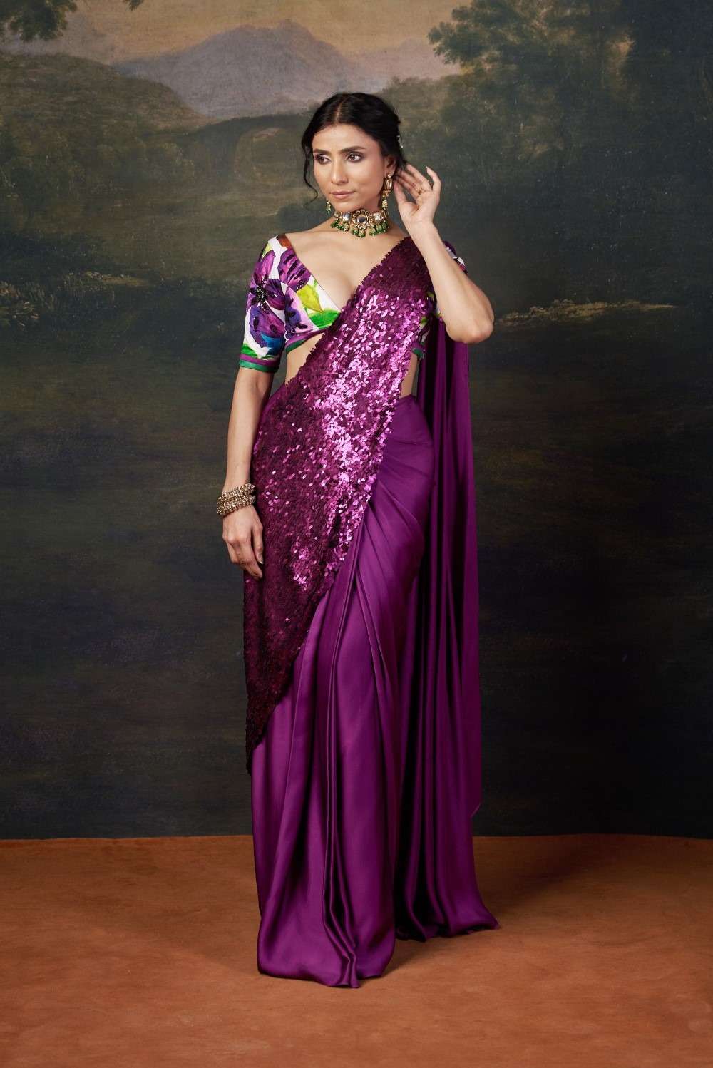 Hand-Embroidered Pre-Draped Saree with Abstract Floral Print image 0