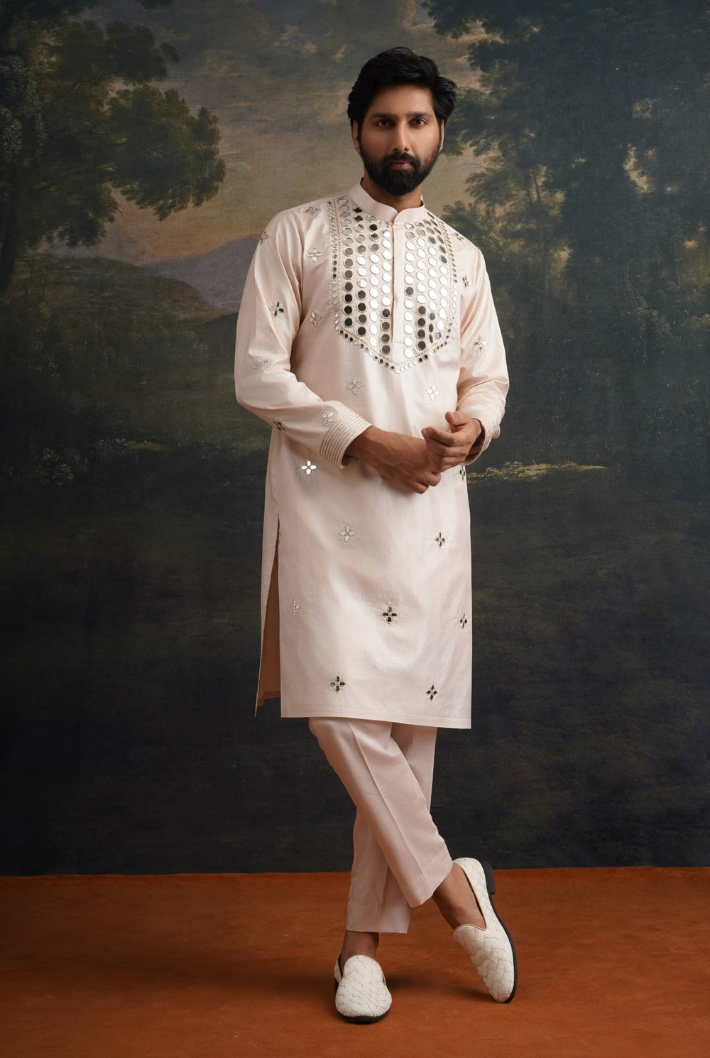 Golden sand Hand-Embellished Mirror Work Kurta Set image 4