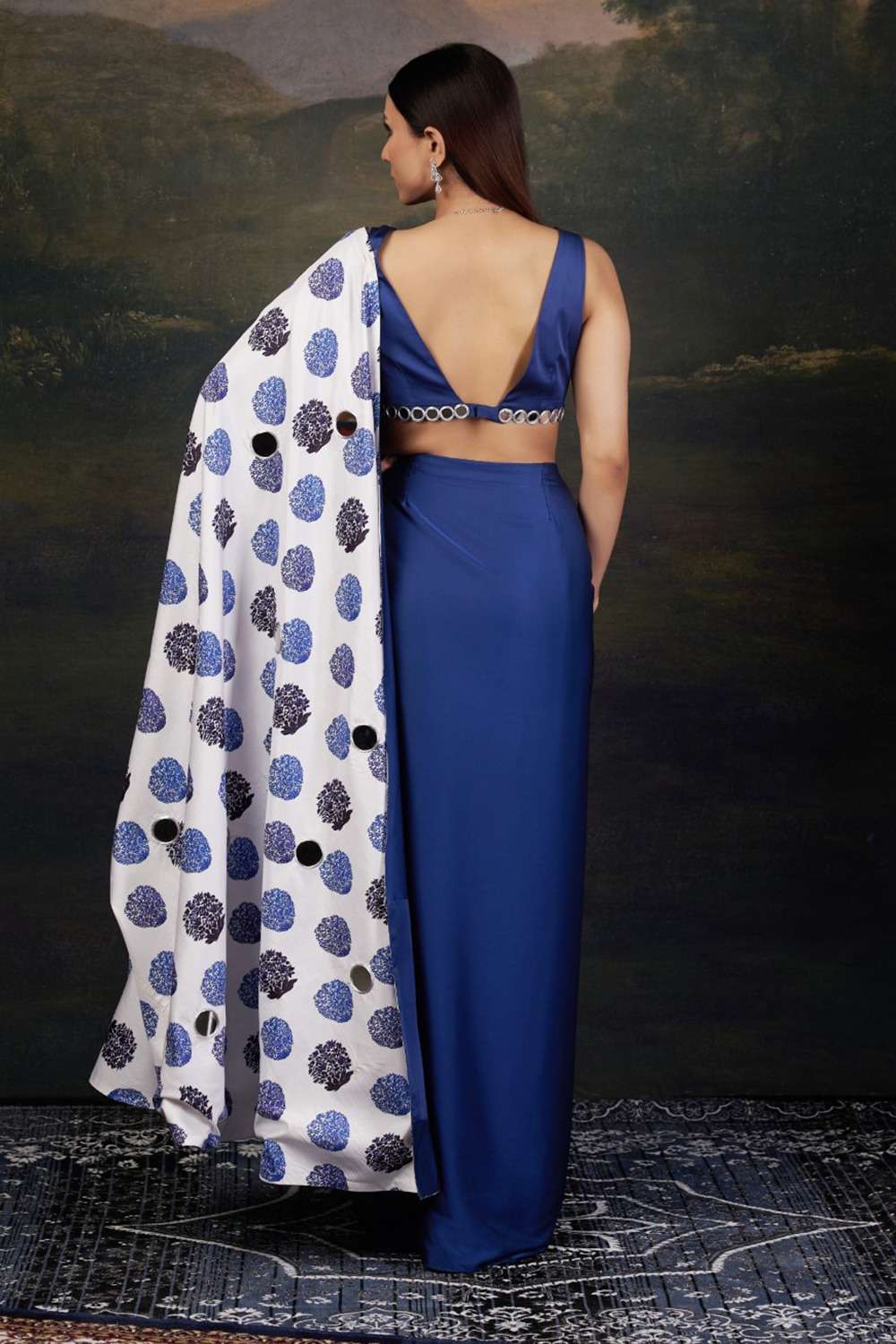 Mirror Work Blouse with Pre-Draped Buuti Print Saree image 3