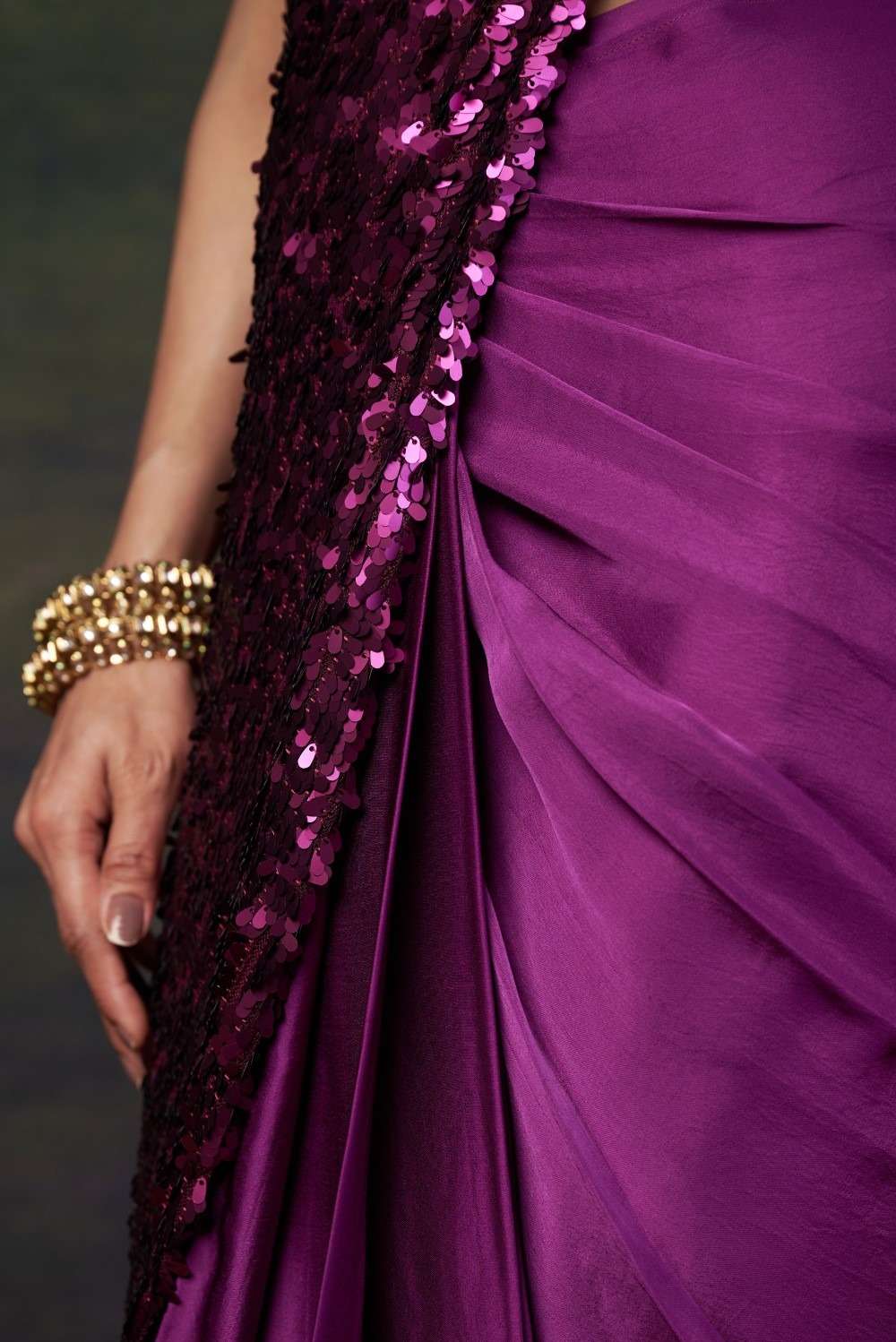 Hand-Embroidered Pre-Draped Saree with Abstract Floral Print image 4