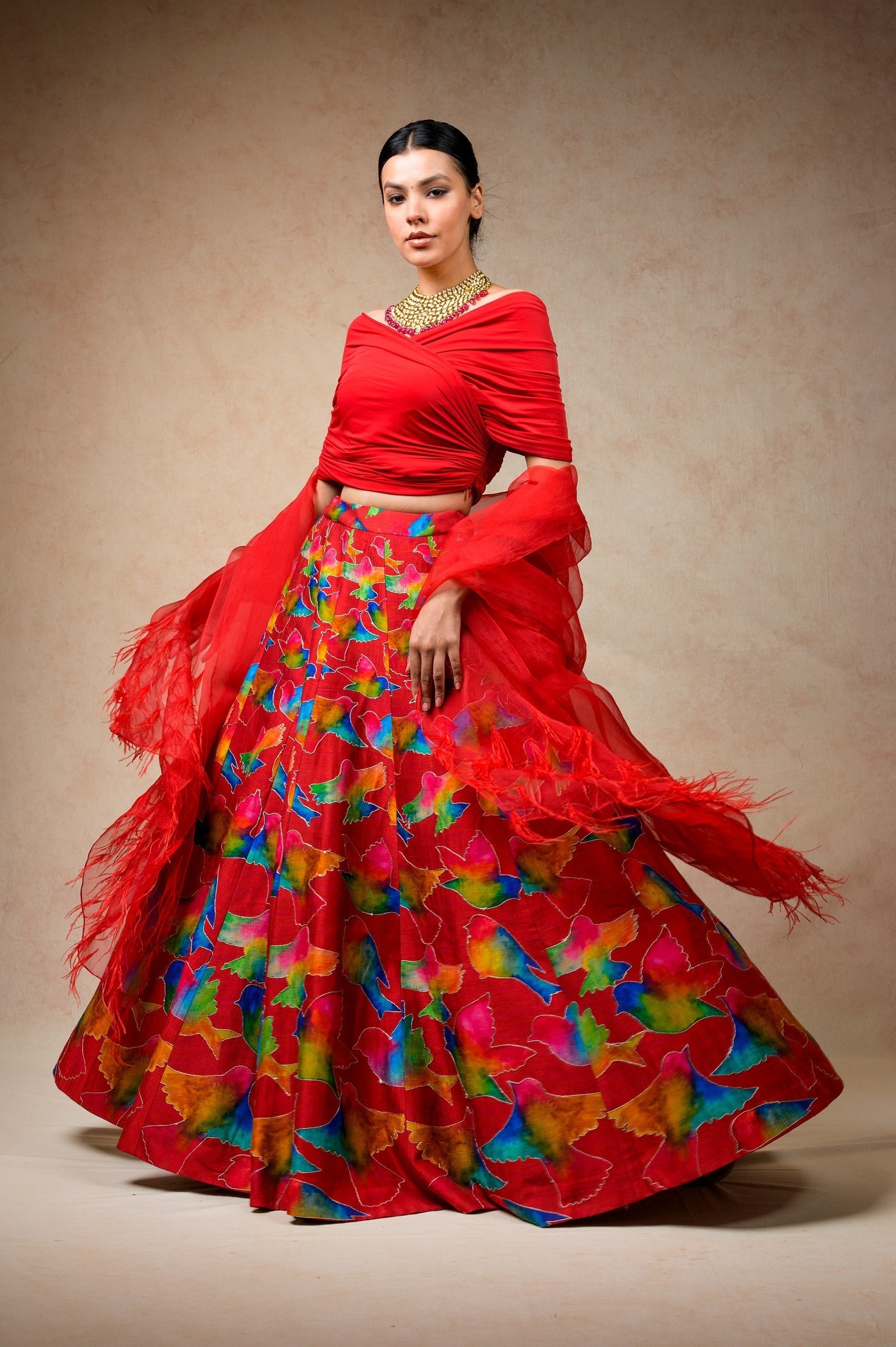 Hand Embroidred Lehenga With Drape Blouse And Feather Dupatta image 3