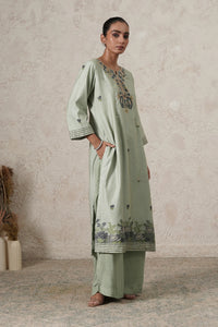 Dhaani Hand-Embroidered Kurta Set with Pants & Dupatta | Sage Green | Chanderi & Satin | Women | THETAA
