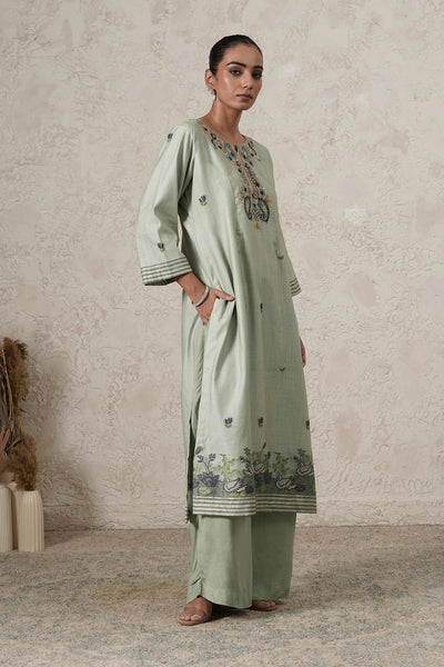 Dhaani Hand-Embroidered Kurta Set with Pants &amp; Dupatta | Sage Green | Chanderi &amp; Satin | Women | THETAA