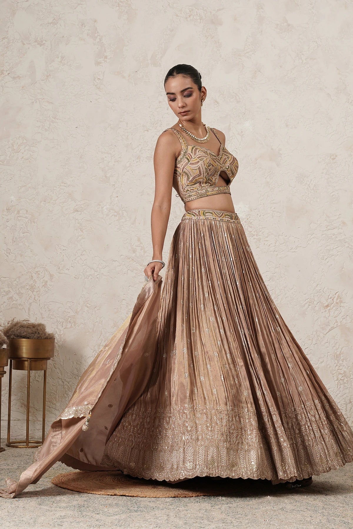 Sharbati Crushed Lehenga Set with Hand-Embroidered Blouse & Dupatta | Champagne Rose | Polyester | Women | THETAA