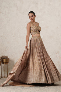 Sharbati Crushed Lehenga Set with Hand-Embroidered Blouse & Dupatta | Champagne Rose | Polyester | Women | THETAA