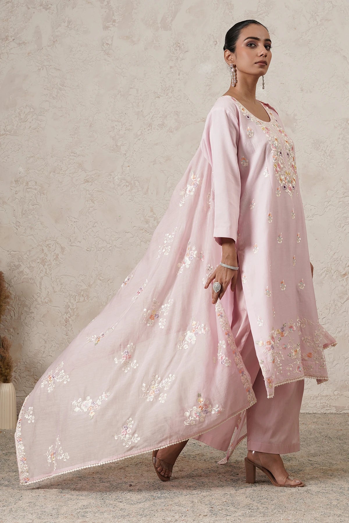 Gulabi Hand-Embroidered Kurta Palazzo Set with Dupatta | Light Pink | Chanderi & Satin | Women | THETAA