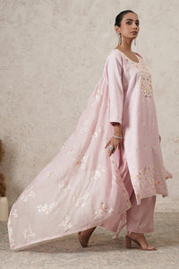 Gulabi Hand-Embroidered Kurta Palazzo Set with Dupatta | Light Pink | Chanderi & Satin | Women | THETAA