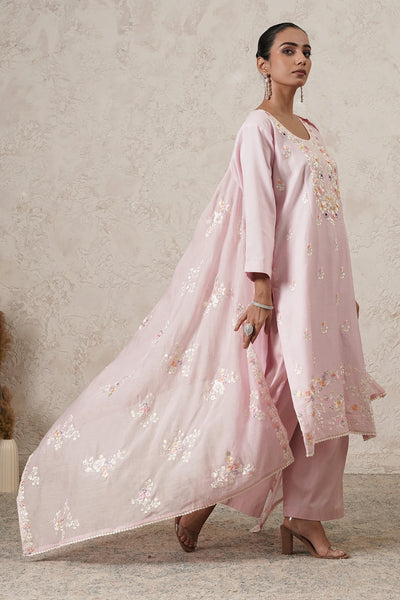 Gulabi Hand-Embroidered Kurta Palazzo Set with Dupatta | Light Pink | Chanderi &amp; Satin | Women | THETAA