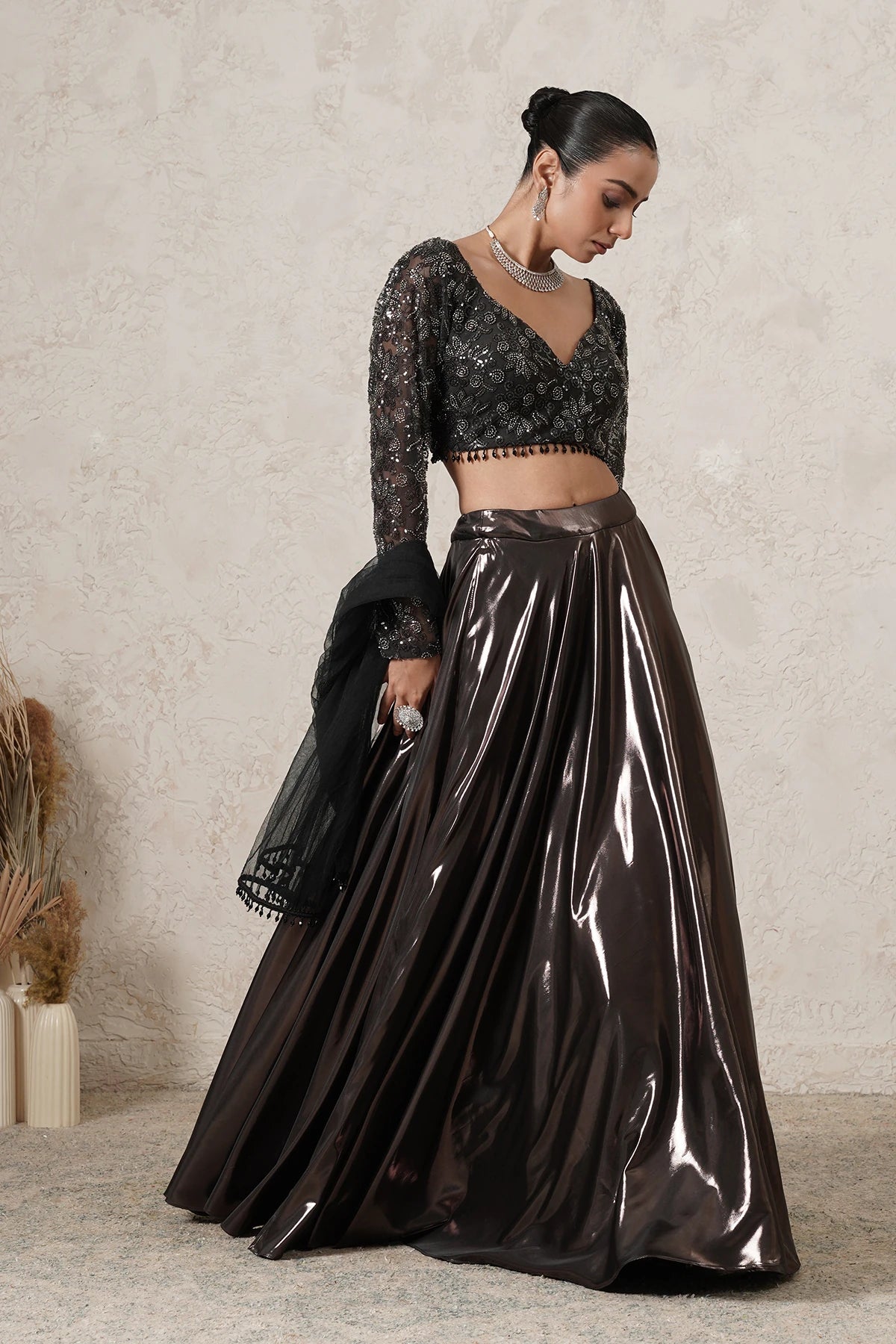 Saaya Metallic Lehenga Set with Hand-Embroidered Blouse & Dupatta | Gunmetal | Polyester & Net | Women | THETAA