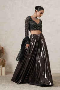 Saaya Metallic Lehenga Set with Hand-Embroidered Blouse & Dupatta | Gunmetal | Polyester & Net | Women | THETAA